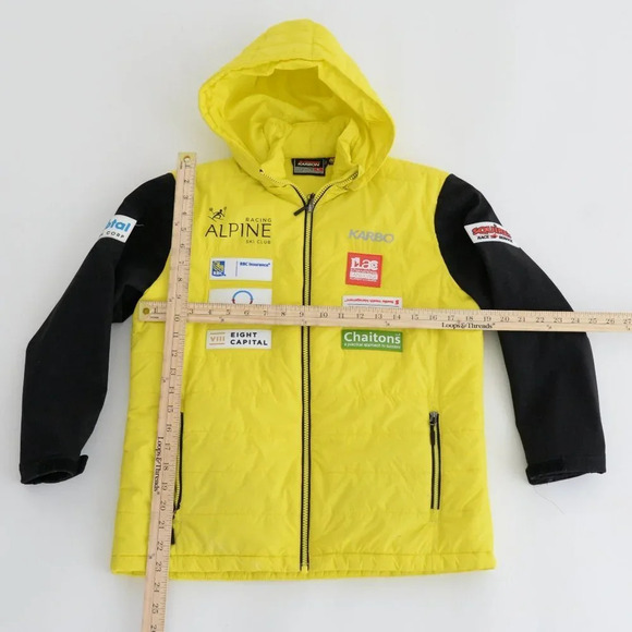 KARBON Neon Yellow & Black Racing Alpine Ski Club Puffer Jacket  w/ Hood Size L - Picture 1 of 14